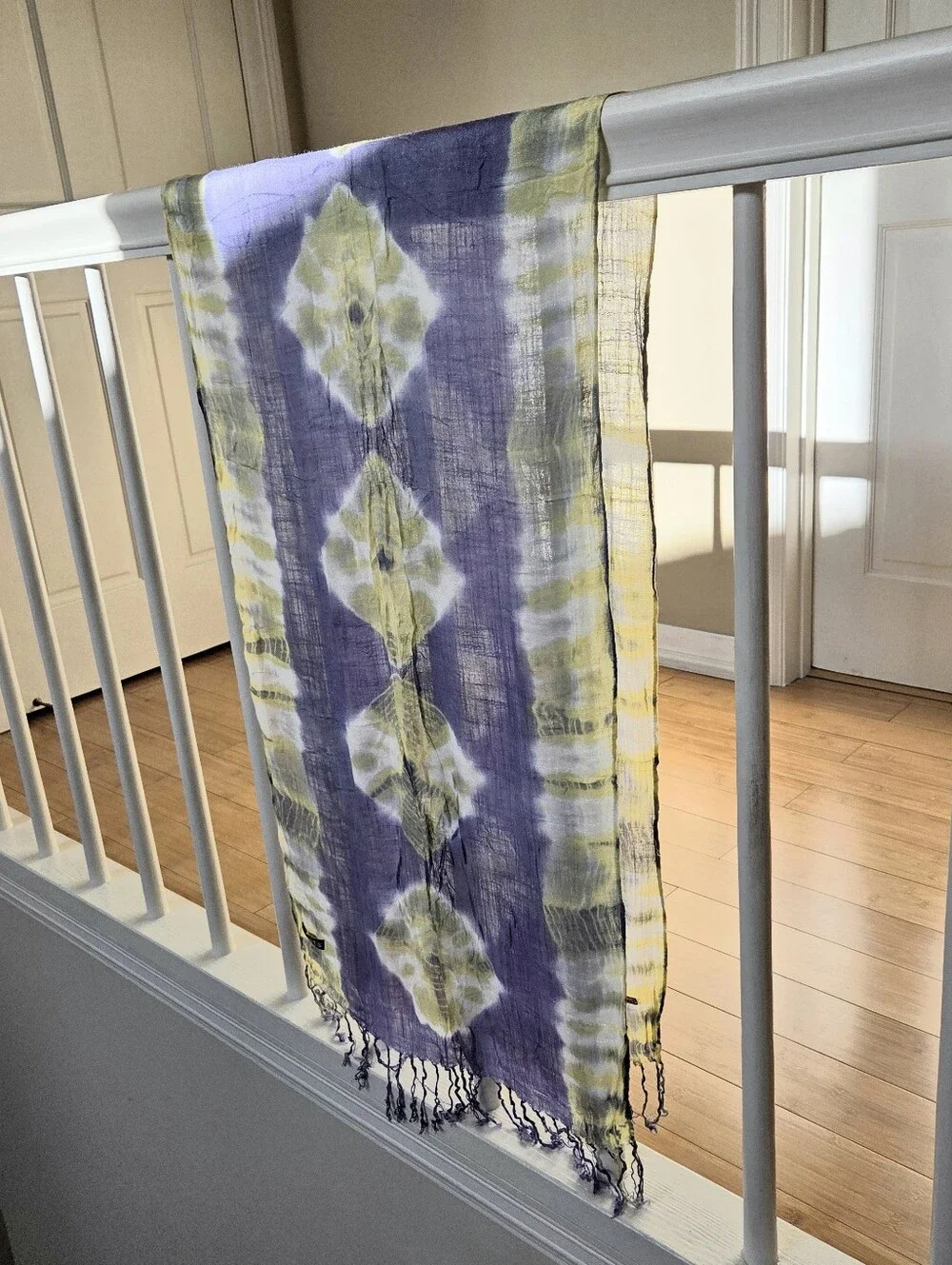 ROOTS Purple Yellow Tie Dye Shibori Fringe Wrap Scarf Lightweight Gauze Shawl